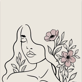 Girl Closing Eyes Flowers Drawing Lines I Canvas