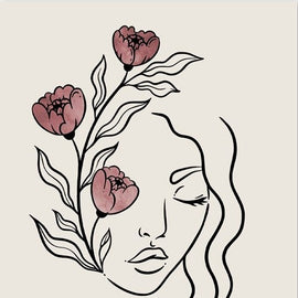 Beauty Face Flowers Drawing Lines Canvas