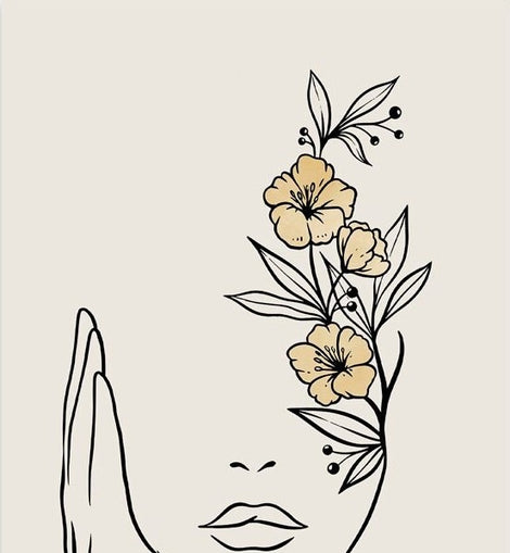 Flowers on a Beauty Face Drawing Lines Canvas