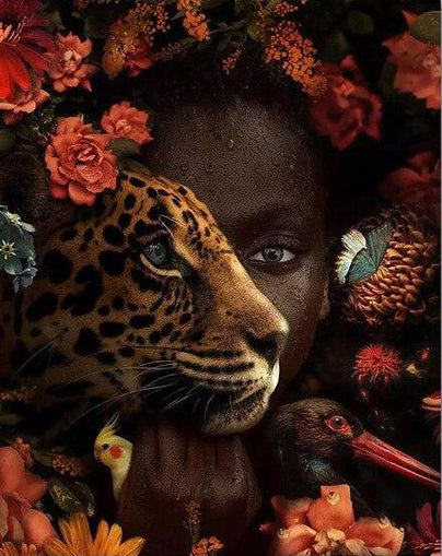 African Art Black Woman Tiger Rose Bird Canvas