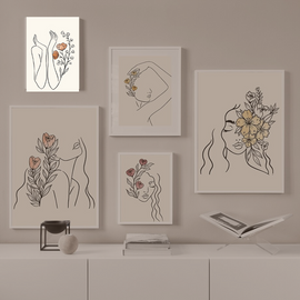 Girl with Flowers Drawings Lines Canvas